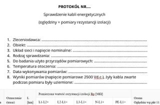 Protokół pomiarowy ze sprawdzenia przewodu zasilającego do 1kV. Nowy wzór do pobrania