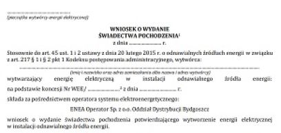 Wniosek o wydanie błękitnych i zielonych świadectw pochodzenia dla energii elektrycznej. Aktualny wzór 