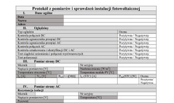 Protokół z badania systemu fotowoltaicznego. Wzór