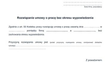 Rozwiązanie umowy o pracę bez okresu wypowiedzenia ze strony pracownika. Wzór